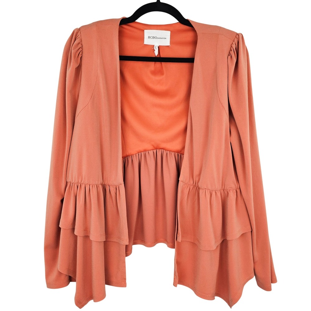 BCBGMAXAZRIA Open Front Ruffle Peplum Blazer Jacket Coral Orange‎ Women